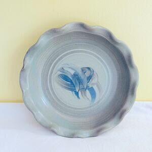 Pie Dish Plate Pan Vtg Stoneware Pottery Signed Studio Ruffled Edge Hand-Made